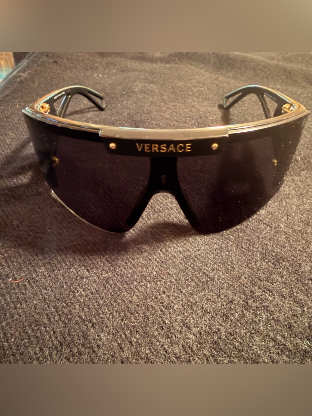 Versace Black and Gold Shield Sunglasses - Luxury Visor Style